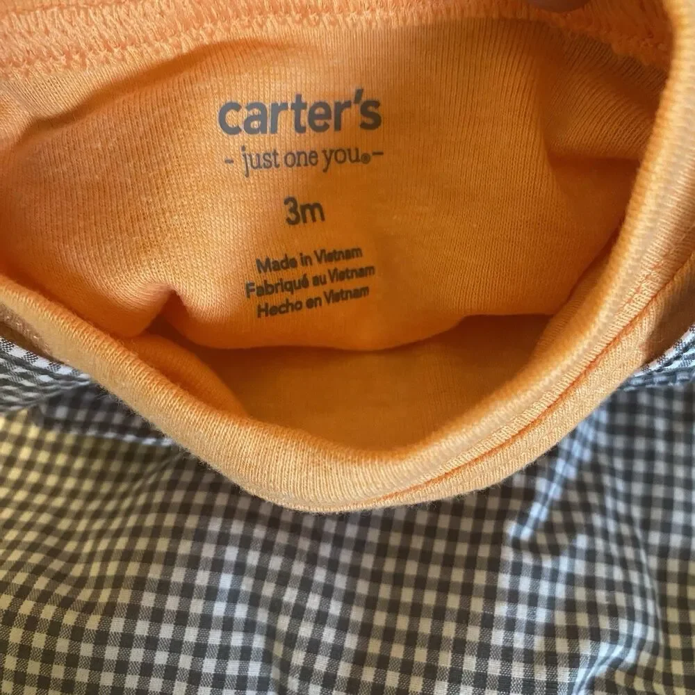 Carter's Baby 2-Piece Shortalls Outfit 3M Orange Tee Checkered Overall Shorts